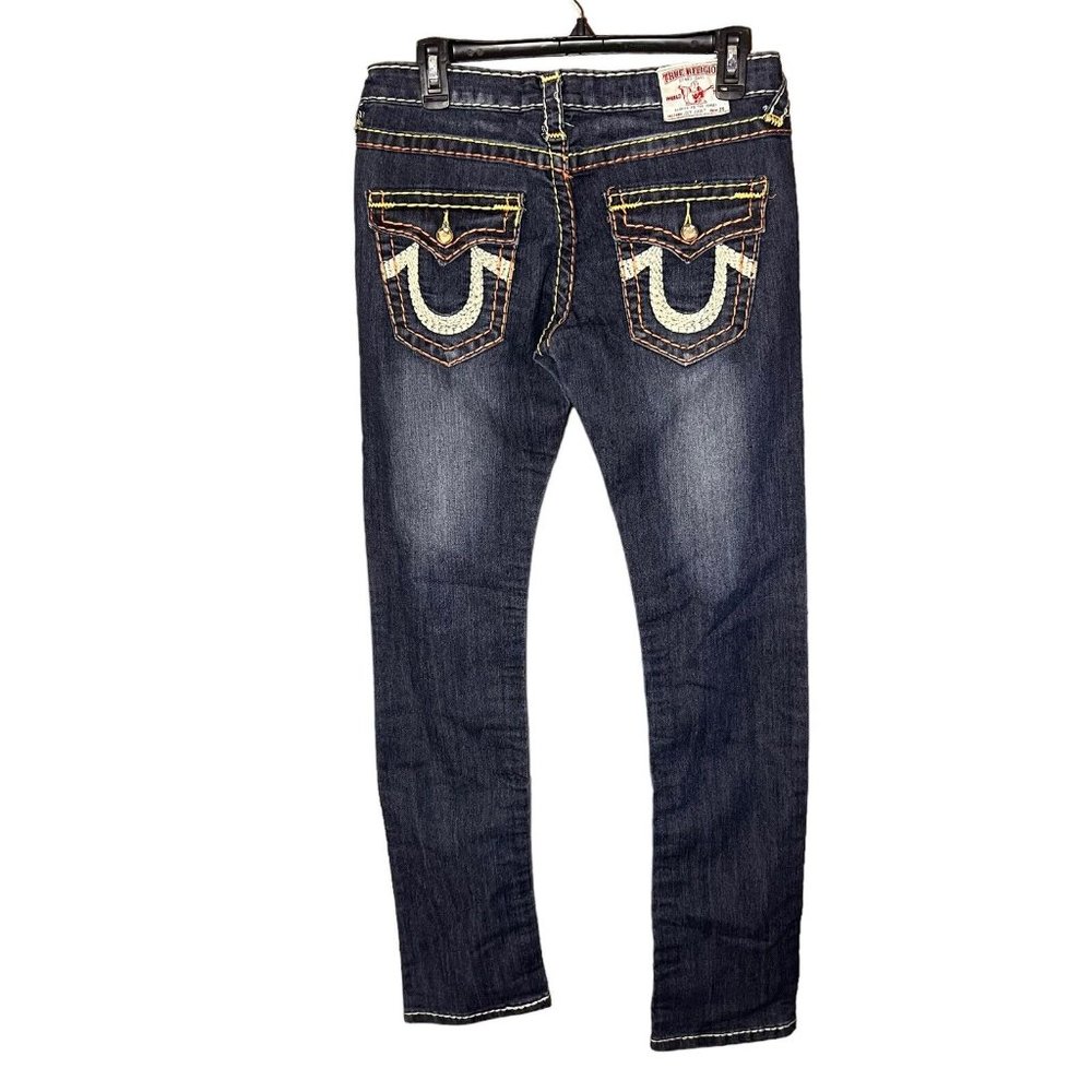True Religion Women's Straight Leg Jeans - Blue with White & Orange Stitching - Picture 2 of 8